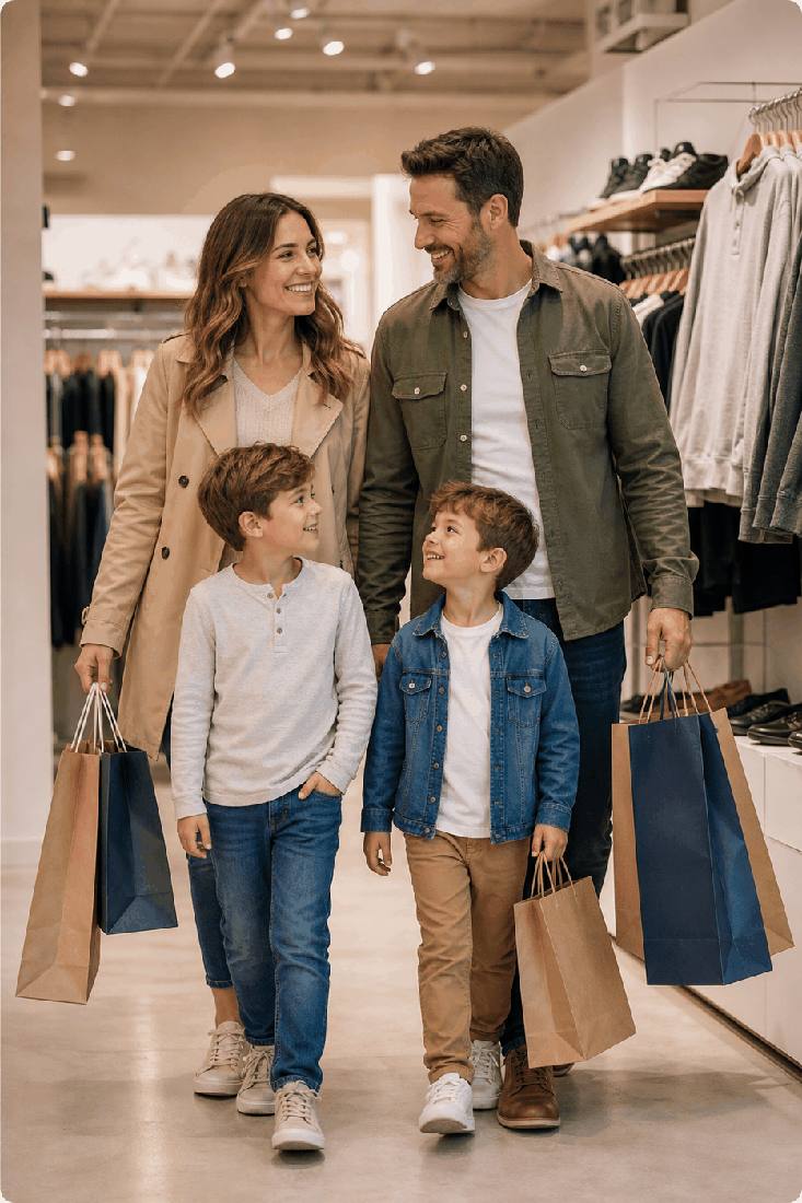A smiling family shopping at Magasin Central
